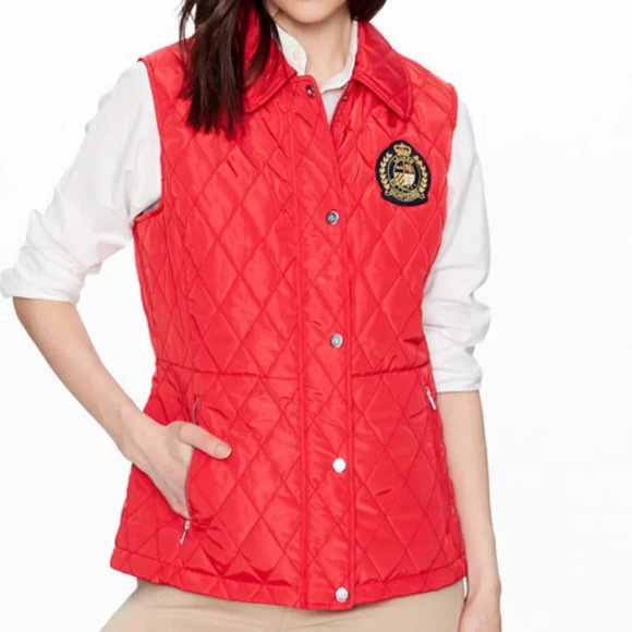 Ralph Lauren Quilted Embroidered Crest Patch Vest Zip Snap Lined Orange Sz S NWT